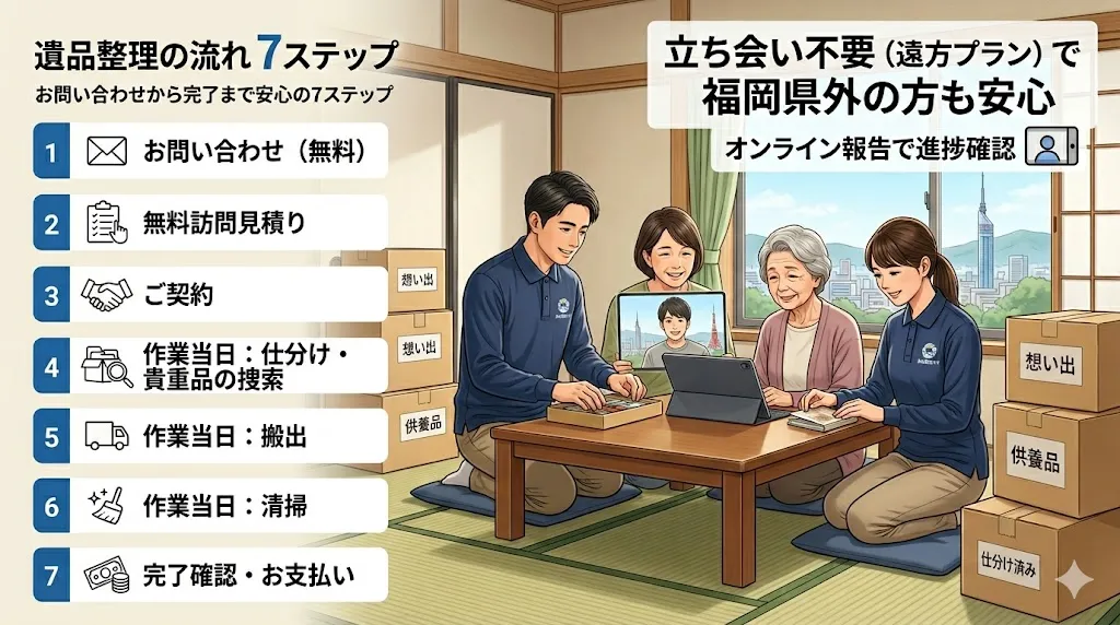 遺品整理の流れ｜お問い合わせから完了まで安心の7ステップ